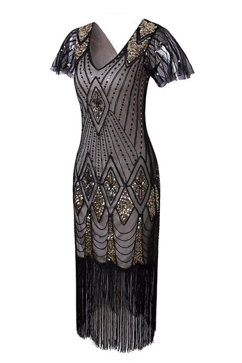 Black & Gold Sequined 1920s Flapper Dress