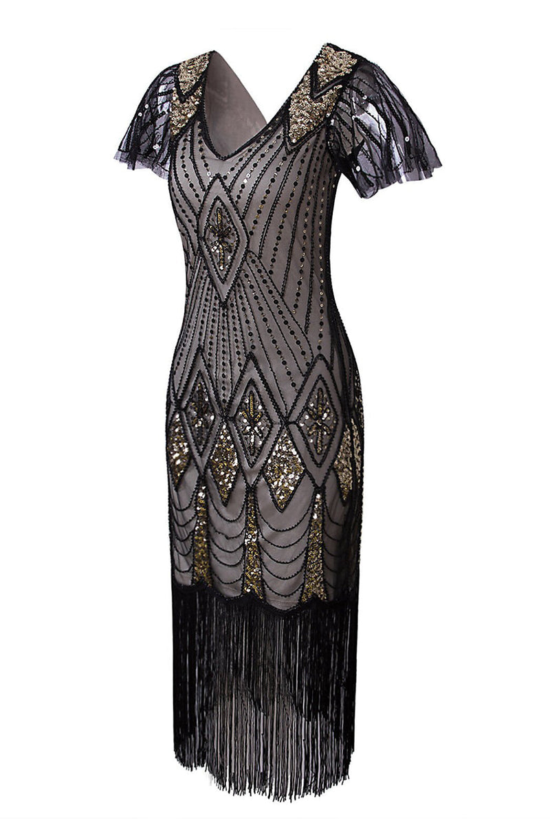 Load image into Gallery viewer, Black &amp; Gold Sequined 1920s Flapper Dress