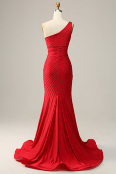Mermaid One Shoulder Red Long Prom Dress with Beading