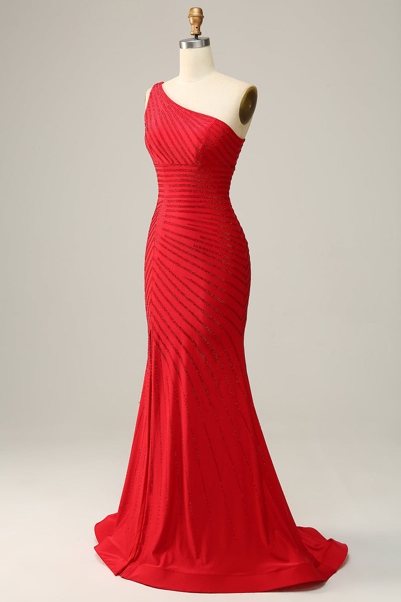 Load image into Gallery viewer, Mermaid One Shoulder Red Long Prom Dress with Beading