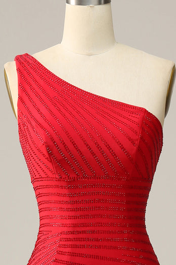 Mermaid One Shoulder Red Long Prom Dress with Beading