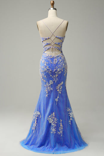 Mermaid V Neck Light Blue Long Prom Dress with Appliques Beading