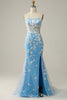 Load image into Gallery viewer, Mermaid Spaghetti Straps Blue Long Prom Dress with Appliques