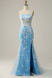 Mermaid Spaghetti Straps Blue Long Prom Dress with Appliques