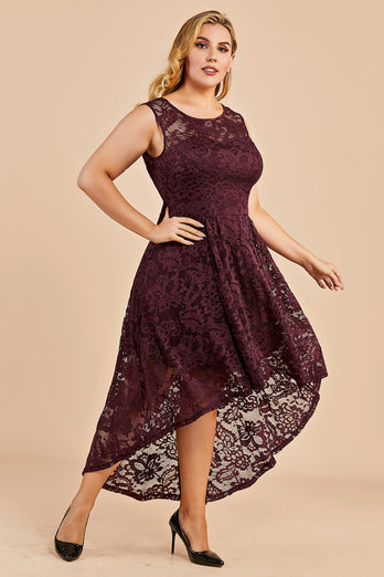 Burgundy Plus Size Asymmetrical Lace Party Dress