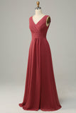 V Neck Desert Rose Sleeveless Chiffon Long Bridesmaid Dress