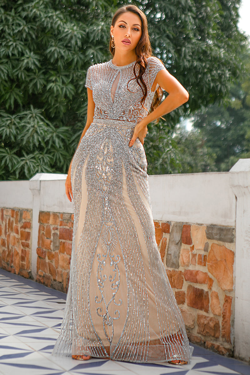 Load image into Gallery viewer, Mermaid Beaded Grey Prom Dress