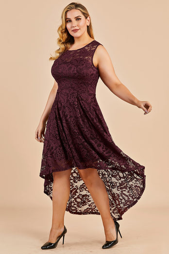 Burgundy Plus Size Asymmetrical Lace Party Dress