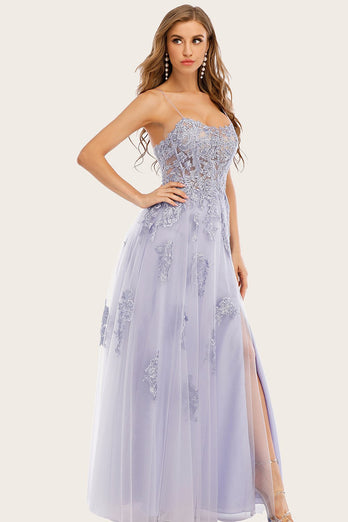 Lavender Tulle Long Prom Dress with Lace