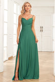 A Line Spaghetti Straps Dark Green Long Bridesmaid Dress