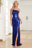 Mermaid Spaghetti Straps Navy Long Prom Dress with Split Front