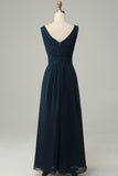 Navy V Neck Sleeveless A Line Long Bridesmaid Dress