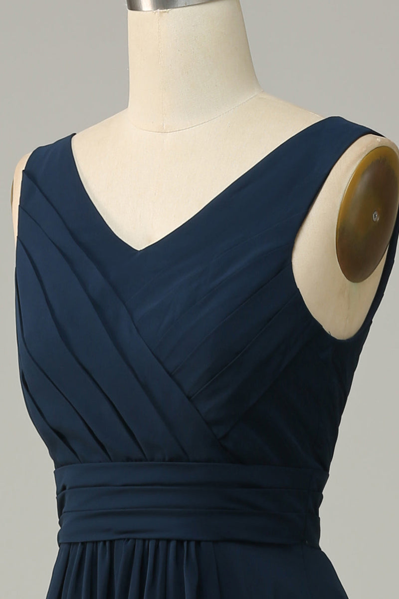 Load image into Gallery viewer, Navy V Neck Sleeveless A Line Long Bridesmaid Dress