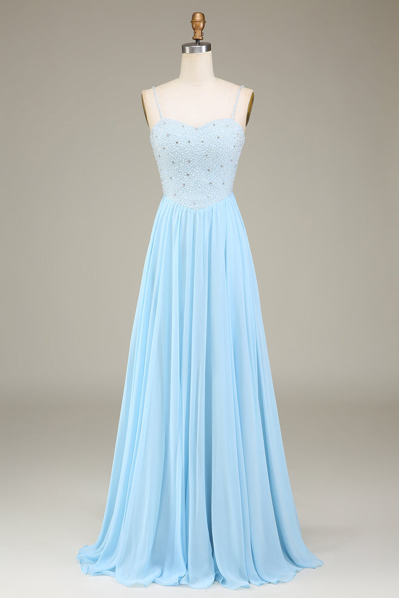 Load image into Gallery viewer, Sky Blue A-Line Spaghetti Straps Chiffon Long Bridesmaid Dress With Beading