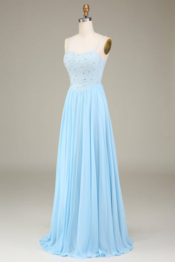 Sky Blue A-Line Spaghetti Straps Chiffon Long Bridesmaid Dress With Beading