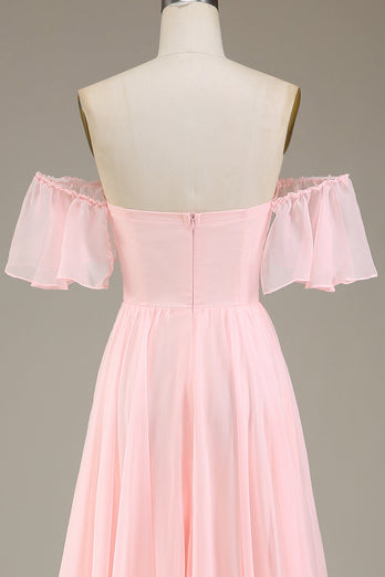 Blush Pink A-Line Off the Shoulder Chiffon Long Bridesmaid Dress