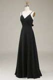 A-Line Spaghetti Straps Black Chiffon Long Bridesmaid Dress