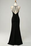 Black Halter Sheath Open Back Long Bridesmaid Dress