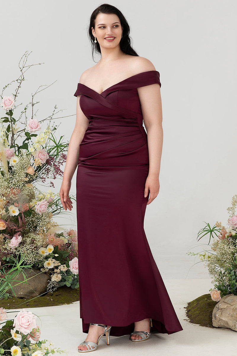 Load image into Gallery viewer, Mermaid Off The Shoulder Burgundy Plus Size Wedding Party Dress