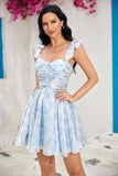 Cute A Line Spaghetti Straps Blue Printed Short Graduation Dress