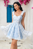 Cute A Line Spaghetti Straps Blue Printed Short Graduation Dress