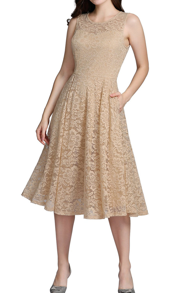 Load image into Gallery viewer, Champagne Lace Dress with Pockets