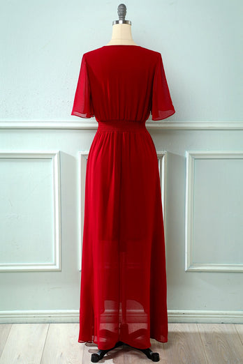Red V Neck Buttons Summer Dress