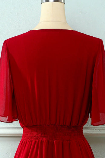 Red V Neck Buttons Summer Dress