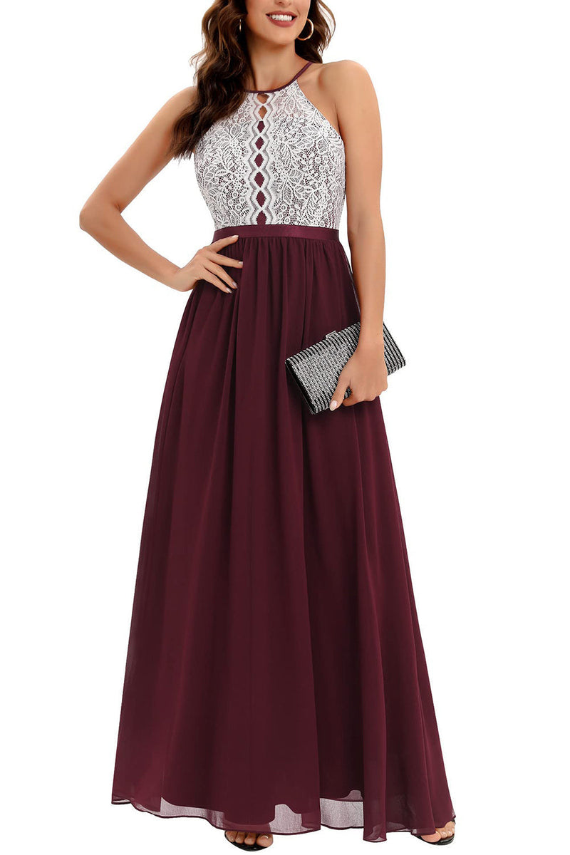 Load image into Gallery viewer, Burgundy A Line Halter Long Bridesmaid Dress with Lace
