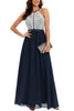 Load image into Gallery viewer, A Line Halter Navy Long Bridesmaid Dress with Lace