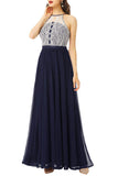 A Line Halter Navy Long Bridesmaid Dress with Lace