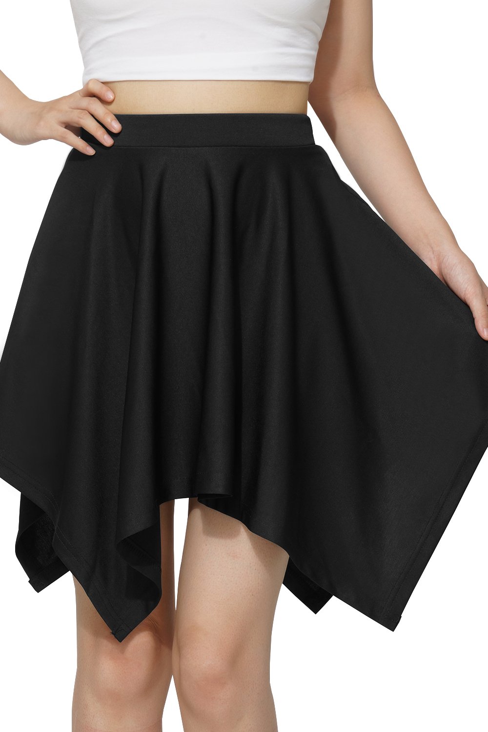 Basic Solid Stretchy High Waist A-line Flared Skater Skirt