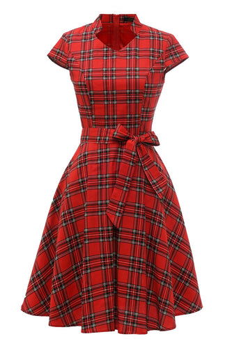 Red Plaid Vintage Plus Size Dress with Bowknot