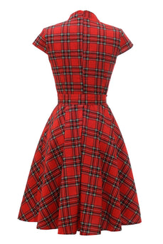 Red Plaid Vintage Plus Size Dress with Bowknot