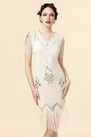 Champagne Sequins Fringed Flapper Dress with 20s Accessories Set