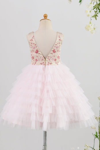 Embroidery Pink Flower Girl Dress with Feather