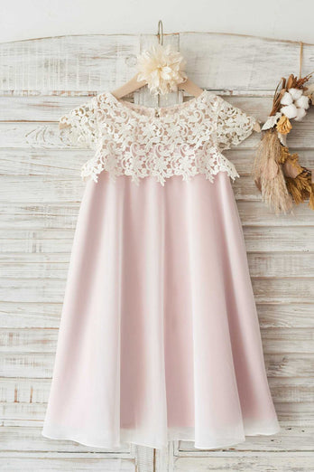 Round Neck Light Pink Flower Girl Dress with Lace