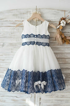 Navy White Flower Girl Dress with Bowknot