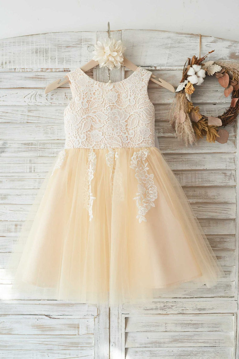Load image into Gallery viewer, Jewel Champagne Flower Girl Dress with Lace