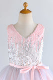 V Neck Pink Flower Girl Dress with Sequins