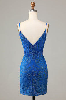 Sparkly Royal Blue Beaded Spaghetti Straps Tight Short Homecoming Dress