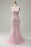 Mermaid Spaghetti Straps Light Pink Long Prom Dress with Appliques