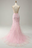 Mermaid Spaghetti Straps Light Pink Long Prom Dress with Appliques