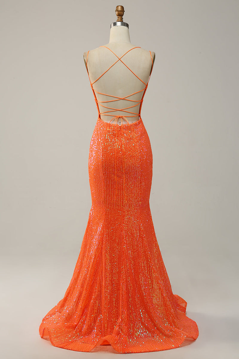 Load image into Gallery viewer, Mermaid Spaghetti Straps Orange Sequins Prom Dress with Split Front