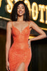 Load image into Gallery viewer, Sparkly Mermaid Spaghetti Straps Orange Sequins Prom Dress with Split Front