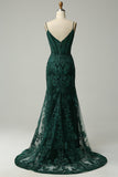 Mermaid Spaghetti Straps Peacock Green Prom Dress with Appliques