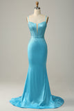 Mermaid Spaghetti Straps Blue Beaded Prom Dress