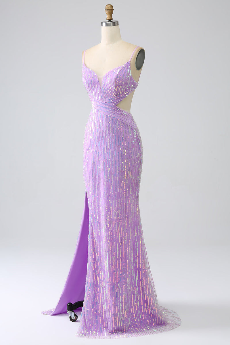 Load image into Gallery viewer, Sparkly Mermaid Spaghetti Straps Sequins Prom Dress with Slit