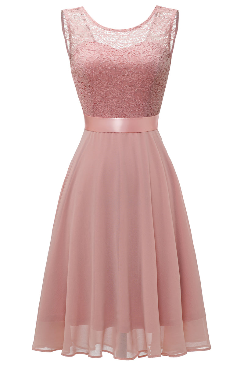 Load image into Gallery viewer, Blush Round Neck Lace Dress with Open Back