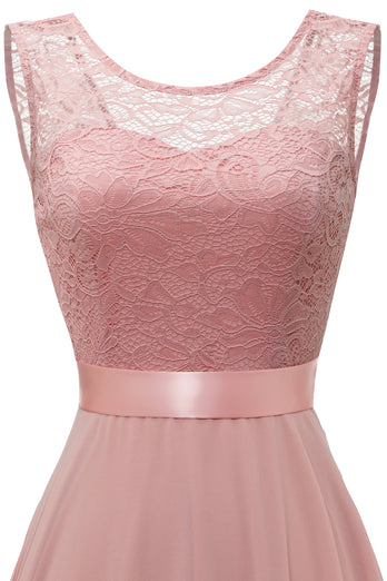 Blush Round Neck Lace Dress with Open Back